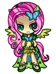 Size: 600x800 | Tagged: safe, artist:nekozneko, fluttershy, chibi, clothes, dress, eared humanization, gala dress, humanized, simple background, solo, tailed humanization, winged humanization