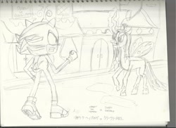 Size: 1024x744 | Tagged: safe, artist:infinityr319, queen chrysalis, changeling, changeling queen, canterlot, crossover, fight, pencil drawing, shadow the hedgehog, sonic the hedgehog (series), traditional art