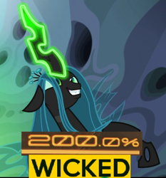 Size: 534x572 | Tagged: safe, edit, edited screencap, editor:watermelon changeling, screencap, queen chrysalis, changeling, changeling queen, 200% mad, evil grin, expand dong, exploitable meme, female, glowing eyes, grin, meme, smiling, solo