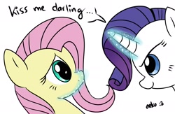 Size: 2000x1300 | Tagged: safe, artist:mcsadat, fluttershy, rarity, pegasus, pony, unicorn, dialogue, eye contact, eyelashes, female, flarity, lesbian, magic, magical encouragement, shipping, smiling, smirk, unhappy