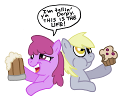 Size: 1865x1450 | Tagged: safe, artist:artdude529, berry punch, berryshine, derpy hooves, pegasus, pony, drunk, female, mare, muffin