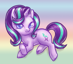 Size: 897x783 | Tagged: safe, artist:mcponyponypony, starlight glimmer, pony, unicorn, blurry background, colored hooves, colored pupils, cute, female, glimmerbetes, looking at you, mare, prone, solo