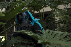 Size: 6000x4000 | Tagged: safe, queen chrysalis, human, absurd resolution, barely pony related, clothes, cosplay, costume, crossover, destiny (game), gun, hunter chrysalis, irl, irl human, pacific ponycon, pacific ponycon 2017, photo, rifle, task force chaos, weapon