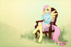 Size: 1200x800 | Tagged: safe, artist:cosmicunicorn, fluttershy, anthro, unguligrade anthro, chair, crossed legs, grass, solo, tea, teacup