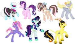 Size: 1024x605 | Tagged: safe, artist:tinuleaf, coloratura, derpy hooves, photo finish, starlight glimmer, oc, oc:berlingot, pegasus, pony, countess coloratura, female, mare, offspring, parent:pinkie pie, parent:pokey pierce, parents:pokeypie