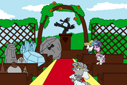 Size: 1500x1000 | Tagged: safe, cookie crumbles, discord, hondo flanks, rarity, rocky, sweetie belle, tom, pony, unicorn, alex warlorn, bride, church, clothes, cookieflanks, diamond, dress, fanfic, fanfic art, gossip stone, groom, moai, nightmare, pony pov series, reharmonized ponies, rock, statue, the legend of zelda, wedding, wedding dress