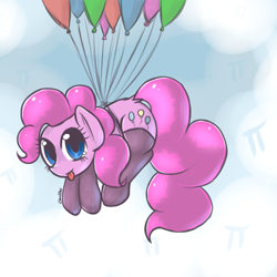 Size: 1000x1000 | Tagged: safe, artist:eshredder, pinkie pie, earth pony, pony, :p, balloon, clothes, cloud, dock, looking at you, pi, sky, socks, solo, stockings, then watch her balloons lift her up to the sky, tongue out
