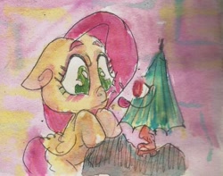 Size: 662x522 | Tagged: safe, artist:iiya, fluttershy, original species, pegasus, pony, youkai, crossover, duo, female, karakasa, mare, tongue out, traditional art