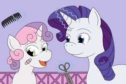 Size: 1500x1000 | Tagged: artist needed, safe, rarity, sweetie belle, pony, unicorn, alex warlorn, bandage, bandaid, cheering up, comb, fanfic, fanfic art, heartwarming, pony pov series, reharmonized ponies, scissors, sisters, smiling