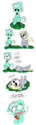Size: 1191x4149 | Tagged: artist needed, source needed, safe, derpy hooves, lyra heartstrings, pegasus, pony, unicorn, balloonshop, chocolate, comic, derp, dialogue, duo, eating, food, grass, lyra is not amused, on back, parody, simple background, sitting, stool, unamused, white background