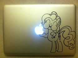 Size: 2592x1936 | Tagged: safe, artist:lifelessshadow26, pinkie pie, earth pony, pony, apple (company), computer, decal, eating, laptop computer, macbook, puffy cheeks