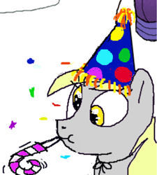 Size: 381x423 | Tagged: safe, artist:derp face, derpy hooves, pegasus, pony, female, flockdraw, hat, mare, party hat, party horn, solo