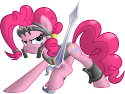 Size: 3153x2364 | Tagged: safe, artist:ratchethun, pinkie pie, earth pony, pony, armor, lidded eyes, looking back, simple background, solo, sword, transparent background, vector, warrior, weapon