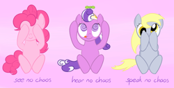 Size: 900x456 | Tagged: safe, artist:hip-indeed, derpy hooves, pinkie pie, screwball, pegasus, pony, female, mare, three wise monkeys