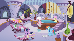 Size: 992x557 | Tagged: safe, derpibooru import, screencap, applejack, fluttershy, pinkie pie, rainbow dash, rarity, spike, twilight sparkle, dragon, earth pony, pegasus, pony, unicorn, ponyville confidential, hoof spongey thing, hot tub, mane seven, mane six, newspaper, spa