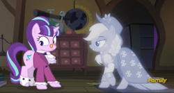 Size: 546x292 | Tagged: safe, screencap, applejack, snowfall frost, spirit of hearth's warming past, starlight glimmer, earth pony, pony, unicorn, a hearth's warming tail, discovery family logo, duo, pince-nez, spats, spirit