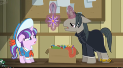 Size: 2489x1369 | Tagged: safe, screencap, professor flintheart, snowfall frost, starlight glimmer, pony, unicorn, a hearth's warming tail, discovery family logo, filly, levitation, magic, severus snape, telekinesis