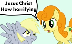 Size: 860x526 | Tagged: safe, carrot top, derpy hooves, golden harvest, pegasus, pony, female, jesus christ how horrifying, mare