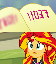 Size: 1223x1378 | Tagged: safe, sunset shimmer, equestria girls, blood, book, crossover, danganronpa, exploitable meme, journey book, leon kuwata, meme