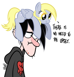 Size: 840x866 | Tagged: safe, artist:tenaflyviper, derpy hooves, human, pegasus, pony, duo, gravity falls, pony hat, robbie v., scrunchy face, simple background, transparent background