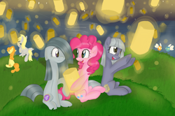 Size: 3264x2170 | Tagged: safe, artist:marisalle, carrot top, derpy hooves, golden harvest, limestone pie, marble pie, pinkie pie, parasprite, pegasus, pony, crossover, female, lantern, mare, paper lantern, pie sisters, tangled (disney)