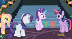 Size: 2529x1377 | Tagged: safe, screencap, fluttershy, rarity, starlight glimmer, twilight sparkle, twilight sparkle (alicorn), alicorn, pegasus, pony, unicorn, a hearth's warming tail, discovery family logo, female, levitation, magic, mare, telekinesis