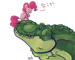 Size: 1280x1024 | Tagged: safe, artist:jump-cut, gummy, pinkie pie, dinosaur, tyrannosaurus rex, badass, eyes closed, happy, open mouth, ponies riding dinosaurs, raised hoof, sitting, smiling, species swap