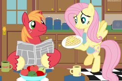 Size: 1506x1000 | Tagged: safe, artist:bobthelurker, big macintosh, fluttershy, earth pony, pegasus, pony, apron, breakfast, clothes, fluttermac, male, shipping, stallion, straight, waffle, waifu