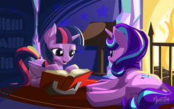 Size: 2560x1600 | Tagged: safe, artist:mysticalpha, starlight glimmer, twilight sparkle, twilight sparkle (alicorn), alicorn, pony, a hearth's warming tail, book, female, mare, prone, reading