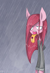 Size: 1024x1472 | Tagged: dead source, safe, artist:yuji8sushi, pinkie pie, earth pony, pony, bipedal, clothes, lollipop, pinkamena diane pie, rain, tongue out, wet mane