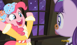 Size: 837x490 | Tagged: safe, screencap, pinkie pie, snowfall frost, starlight glimmer, pony, a hearth's warming tail, bipedal, discovery family logo, open mouth, smiling, spirit of hearth's warming presents