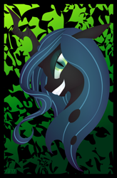 Size: 1024x1565 | Tagged: safe, artist:gracewolf, queen chrysalis, changeling, changeling queen, bust, female, grin, lineless, portrait, slit eyes, smiling, solo