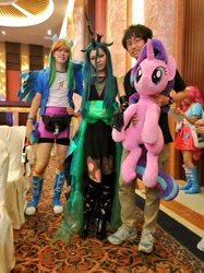 Size: 767x1024 | Tagged: safe, artist:nekokevin, derpibooru import, queen chrysalis, rainbow dash, starlight glimmer, human, series:nekokevin's glimmy, canton cn bronycon, china, china ponycon, clothes, cosplay, costume, irl, irl human, life size, photo, plushie