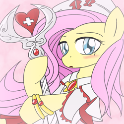 Size: 1000x1000 | Tagged: safe, artist:thattagen, fluttershy, pegasus, pony, blushing, cap, clothes, cute, hat, healer, nurse, shyabetes, solo, staff