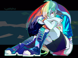 Size: 1600x1184 | Tagged: safe, artist:tyuubatu, derpibooru import, rainbow dash, equestria girls, boots, clothes, multicolored hair, shirt, shoes, shorts, sitting, sneakers, solo