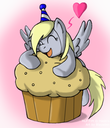 Size: 1024x1187 | Tagged: safe, artist:blayaden, derpy hooves, pegasus, pony, birthday, cute, female, giant muffin, hat, heart, hug, impossibly large muffin, mare, muffin, party hat, that pony sure does love muffins