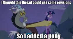 Size: 497x269 | Tagged: safe, derpibooru import, discord, twilight sparkle, pony, 4chan, frown, grin, holding a pony, image macro, open mouth, smiling