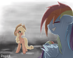 Size: 1280x1024 | Tagged: safe, artist:irenla, derpibooru import, applejack, rainbow dash, earth pony, pegasus, pony, appledash, cowboy hat, duo, eyes closed, female, hat, lesbian, mare, rain, shipping, smiling