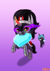 Size: 1400x1980 | Tagged: safe, artist:wwredgrave, king sombra, queen chrysalis, changeling, changeling queen, pony, unicorn, angry, chase, chibi, crystal, crystal heart, cute, gradient background, heart, mouth hold, running, sombra eyes, sombradorable, thief