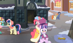 Size: 837x490 | Tagged: safe, screencap, bon bon, lyra heartstrings, pinkie pie, snowfall frost, starlight glimmer, sweetie drops, earth pony, pony, a hearth's warming tail, bow bonnet, discovery family logo, spirit of hearth's warming presents