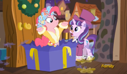 Size: 837x490 | Tagged: safe, screencap, pinkie pie, snowfall frost, starlight glimmer, earth pony, pony, a hearth's warming tail, discovery family logo, present, spirit of hearth's warming presents