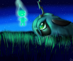 Size: 3000x2500 | Tagged: safe, artist:ruanshi, queen chrysalis, changeling, changeling queen, curious, duo, fascinated, female, field, floppy ears, glow, grass, looking at something, looking up, night, profile, spirit, starry night, stars