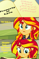 Size: 909x1368 | Tagged: safe, edit, edited screencap, screencap, lyra heartstrings, sunset shimmer, equestria girls, baybayin, book, exploitable meme, filipino, fillypines, journey book, meme, misspelling, mythology, philippines, solo