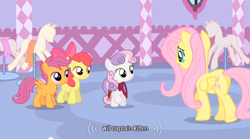 Size: 640x355 | Tagged: safe, screencap, apple bloom, fluttershy, scootaloo, sweetie belle, pegasus, pony, youtube caption