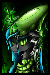 Size: 1600x2400 | Tagged: safe, artist:flamevulture17, queen chrysalis, changeling, changeling queen, armor, bust, glowing horn, solo