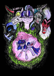 Size: 752x1063 | Tagged: safe, artist:little-winged-angel, king sombra, lord tirek, nightmare moon, queen chrysalis, starlight glimmer, twilight sparkle, twilight sparkle (alicorn), alicorn, changeling, changeling queen, pony, unicorn, antagonist, green fire, traditional art, watercolor painting