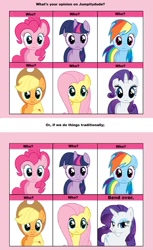 Size: 680x1110 | Tagged: safe, derpibooru import, applejack, fluttershy, pinkie pie, rainbow dash, rarity, twilight sparkle, earth pony, pegasus, pony, unicorn, 6 pony meme, bend over, exploitable meme, mane six, meme, meta