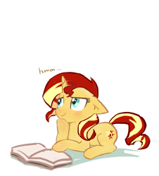 Size: 589x651 | Tagged: safe, artist:baekgup, sunset shimmer, pony, unicorn, book, floppy ears, pondering, prone, simple background, solo, thinking, white background