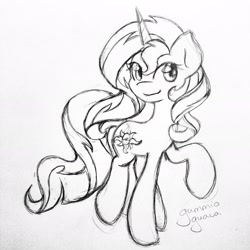 Size: 2448x2448 | Tagged: safe, artist:gummigator, sunset shimmer, pony, unicorn, grayscale, monochrome, raised hoof, sketch, smiling, solo, traditional art