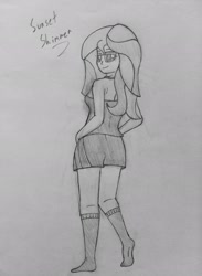 Size: 1500x2048 | Tagged: safe, artist:werdnasremos, sunset shimmer, human, clothes, humanized, monochrome, socks, solo, traditional art